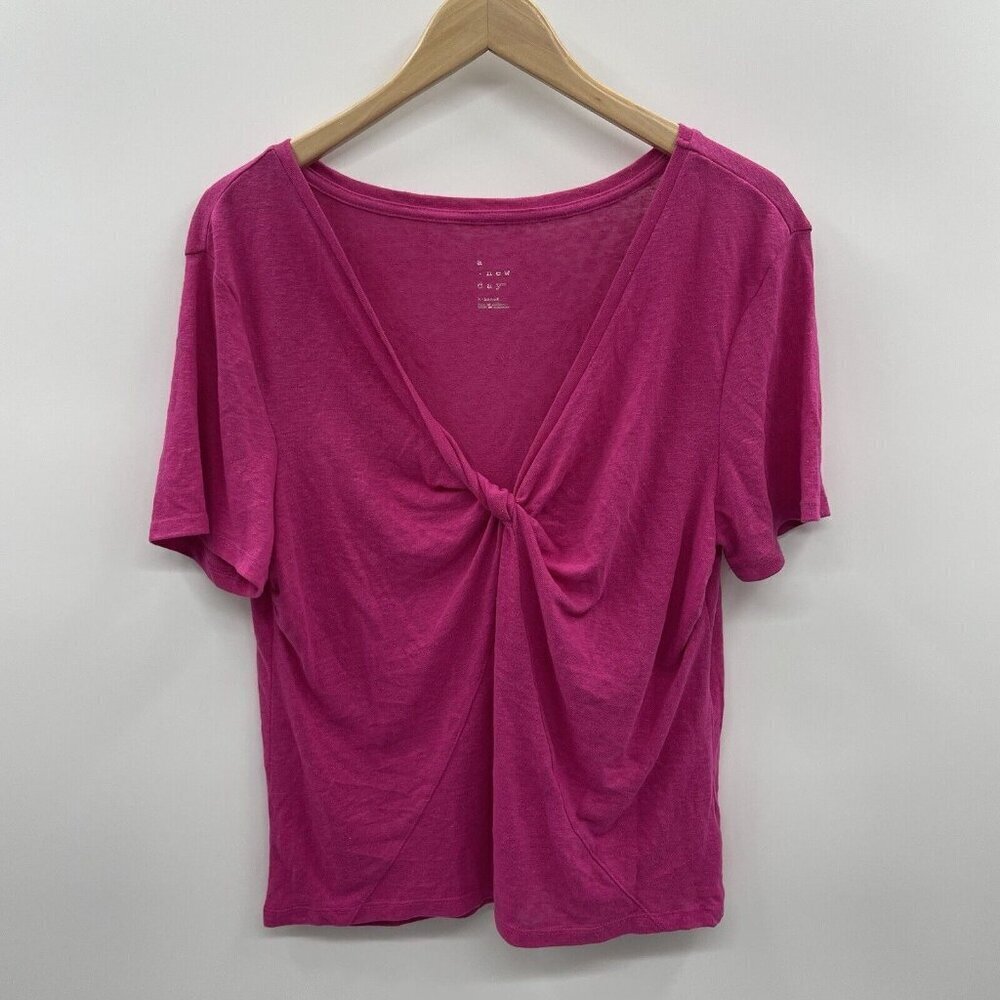 A New Day Womens‎ Size XL Twisted V-Neck Linen Short Sleeve T-Shirt in Pink 2635